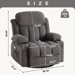 Mondawe 360 Degree Swing with Massage and Lumbar Heat Recliner Gray Velvet Upholstered Swivel Massage chair