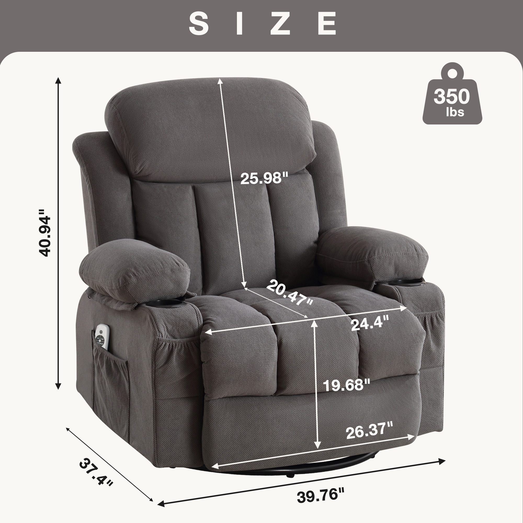 Mondawe 360 Degree Swing with Massage and Lumbar Heat Recliner Gray Velvet Upholstered Swivel Massage chair