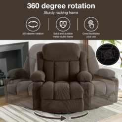 Mondawe 360 Degree Swing with Massage and Lumbar Heat Recliner Brown Velvet Upholstered Swivel Massage chair