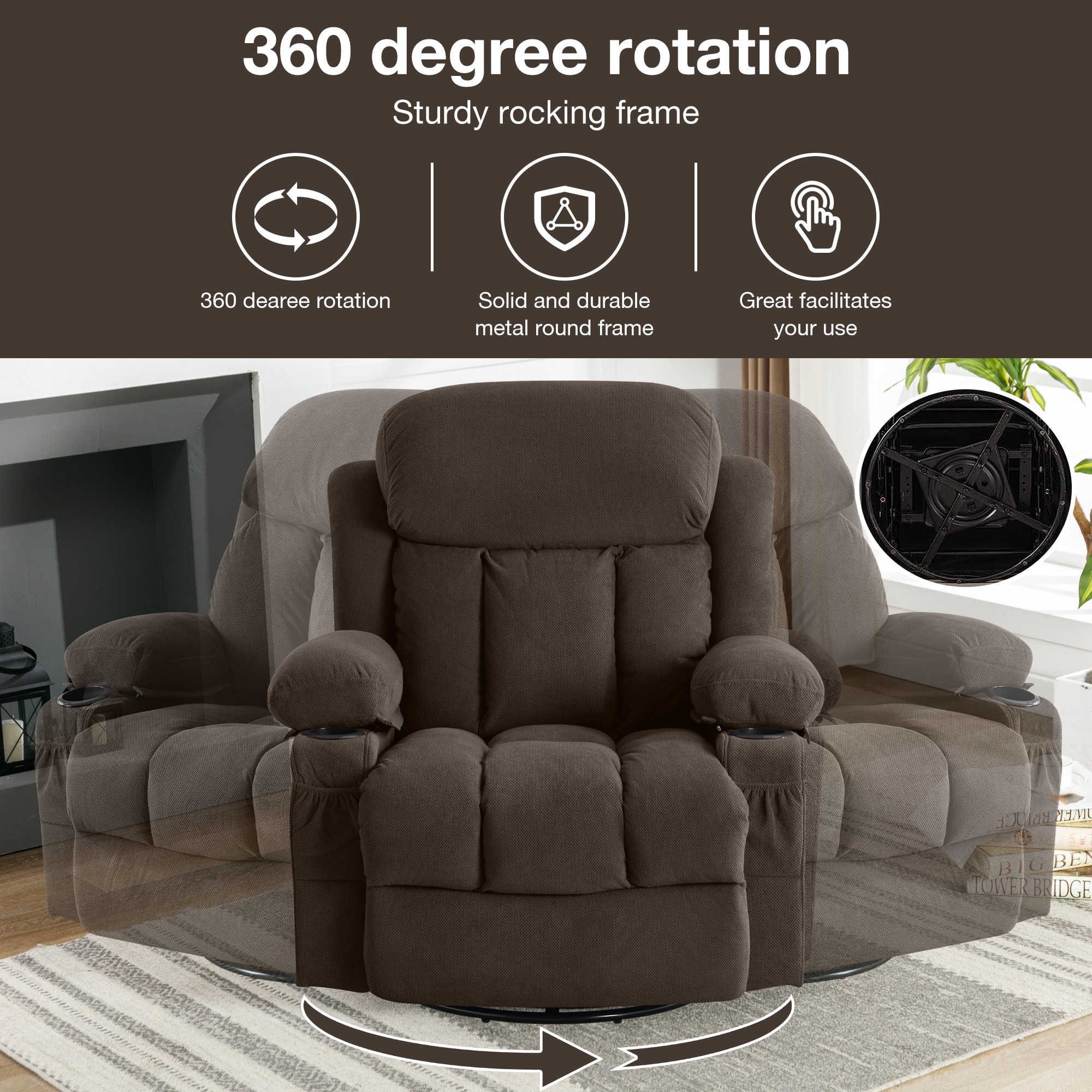 Mondawe 360 Degree Swing with Massage and Lumbar Heat Recliner Brown Velvet Upholstered Swivel Massage chair