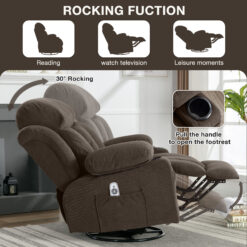 Mondawe 360 Degree Swing with Massage and Lumbar Heat Recliner Brown Velvet Upholstered Swivel Massage chair