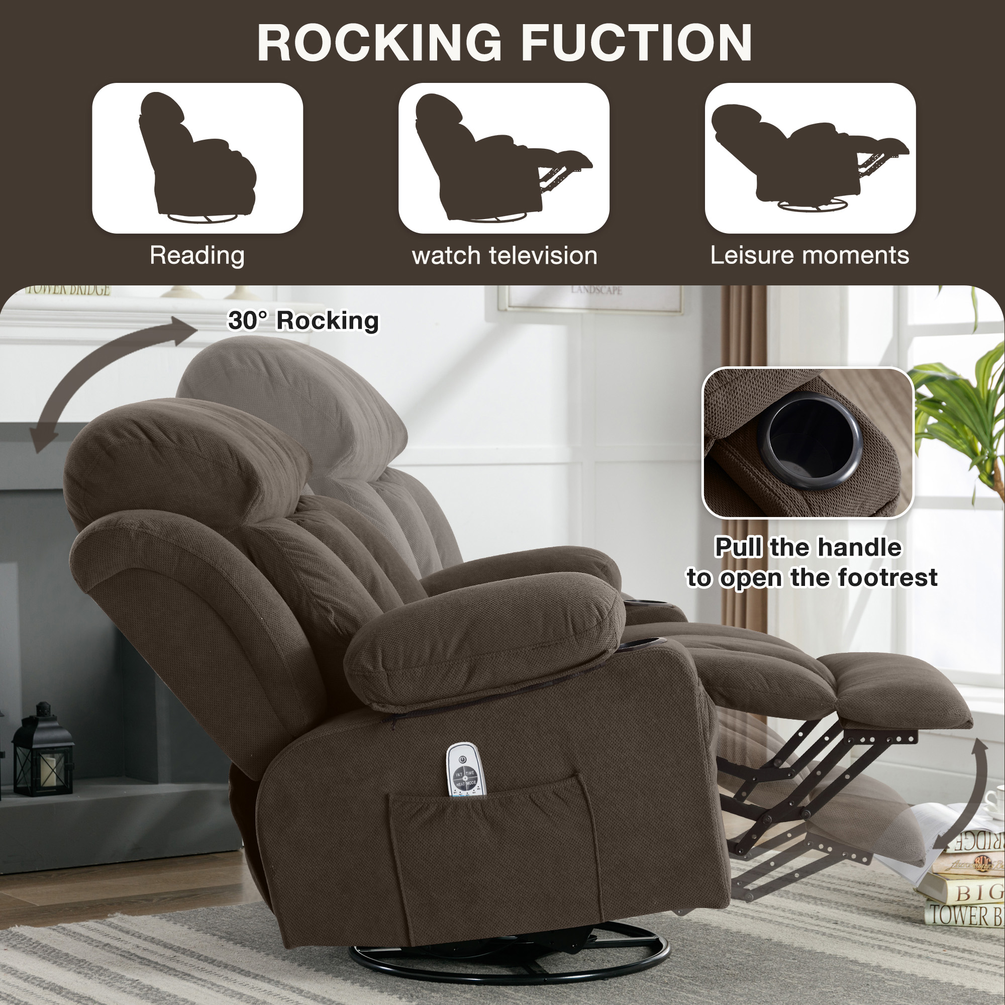 Mondawe 360 Degree Swing with Massage and Lumbar Heat Recliner Brown Velvet Upholstered Swivel Massage chair