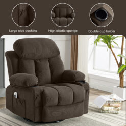 Mondawe 360 Degree Swing with Massage and Lumbar Heat Recliner Brown Velvet Upholstered Swivel Massage chair