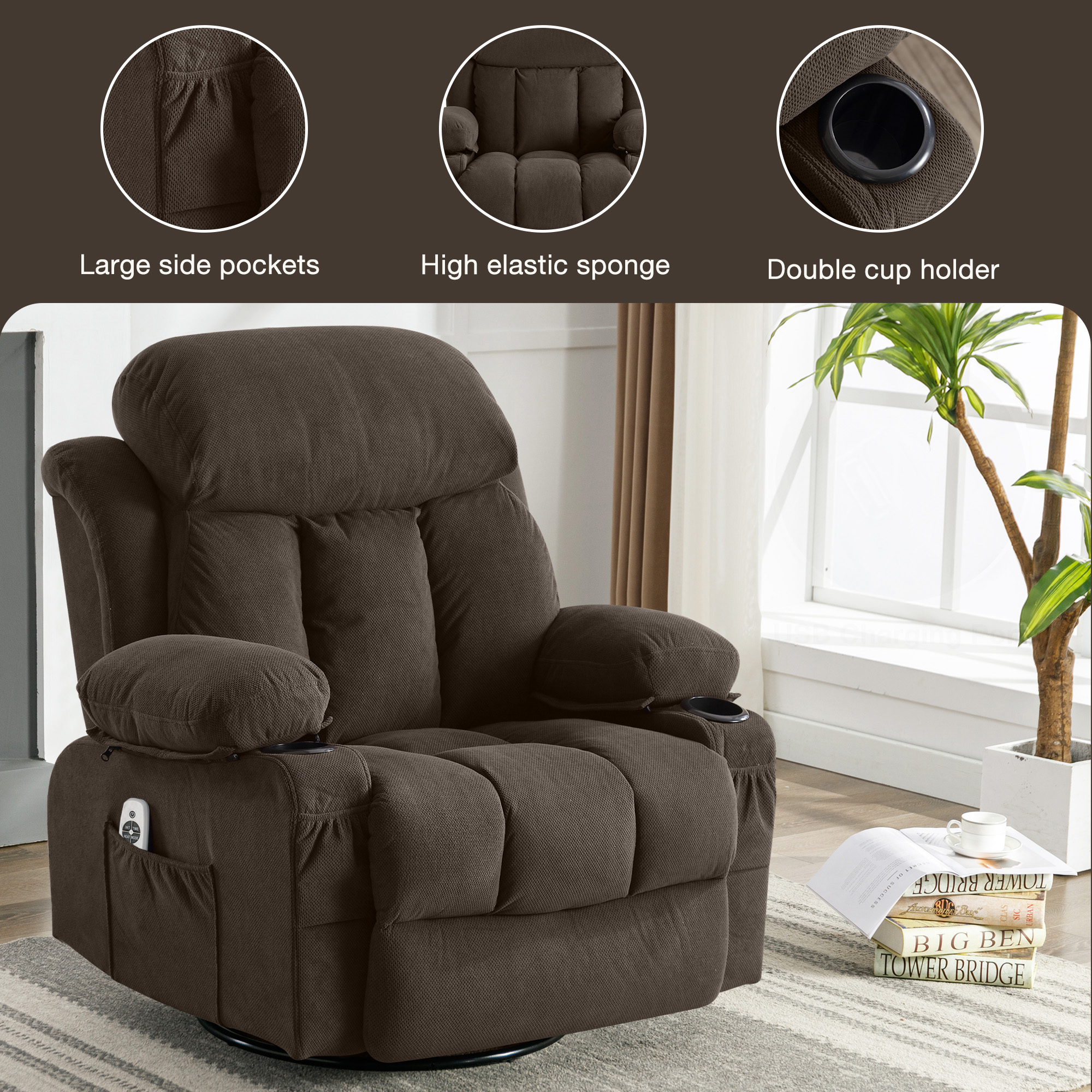 Mondawe 360 Degree Swing with Massage and Lumbar Heat Recliner Brown Velvet Upholstered Swivel Massage chair