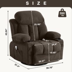 Mondawe 360 Degree Swing with Massage and Lumbar Heat Recliner Brown Velvet Upholstered Swivel Massage chair