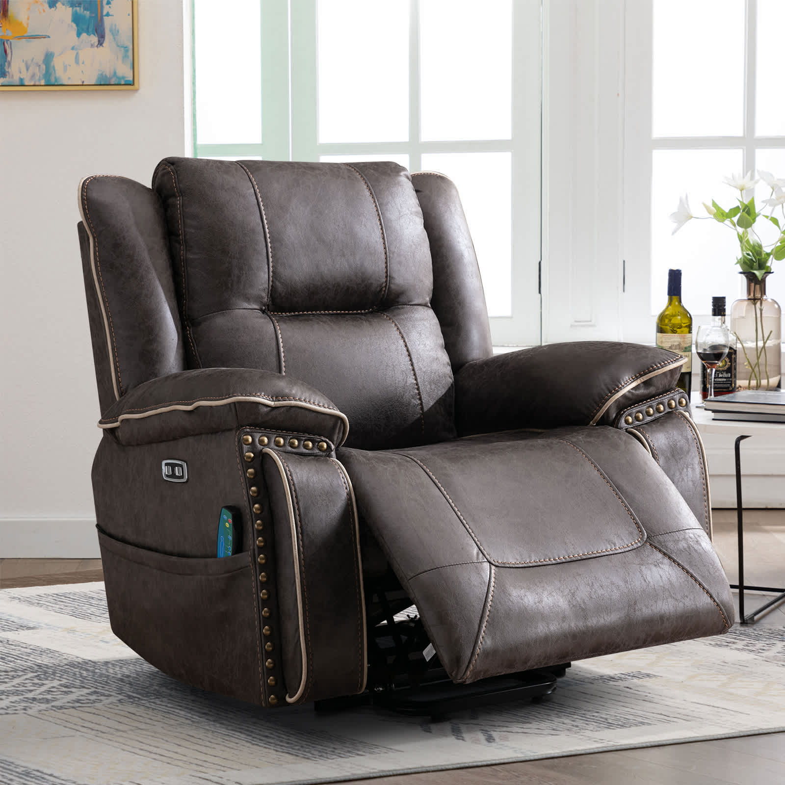 Bestier 41 in Oversize Dark Gray PU Leather Power Lift Recliner Chair with Massage and Heating