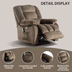 Bestier Overstuffed Fabric Recliner Chairs with 8-Point Vibration Massage Manual Pull Recliner with Time Setting Brown