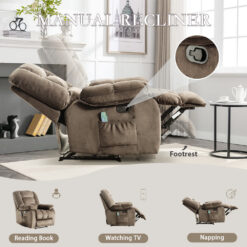 Bestier Overstuffed Fabric Recliner Chairs with 8-Point Vibration Massage Manual Pull Recliner with Time Setting Brown