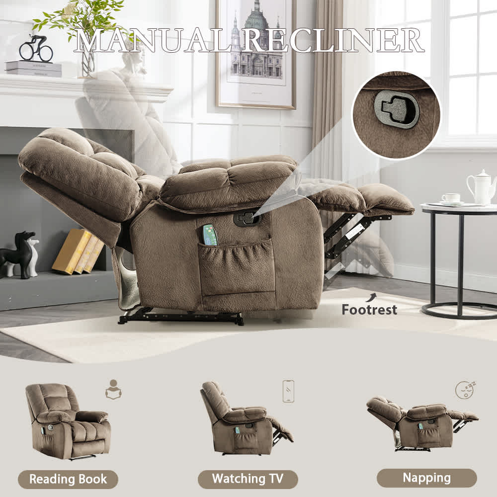Bestier Overstuffed Fabric Recliner Chairs with 8-Point Vibration Massage Manual Pull Recliner with Time Setting Brown