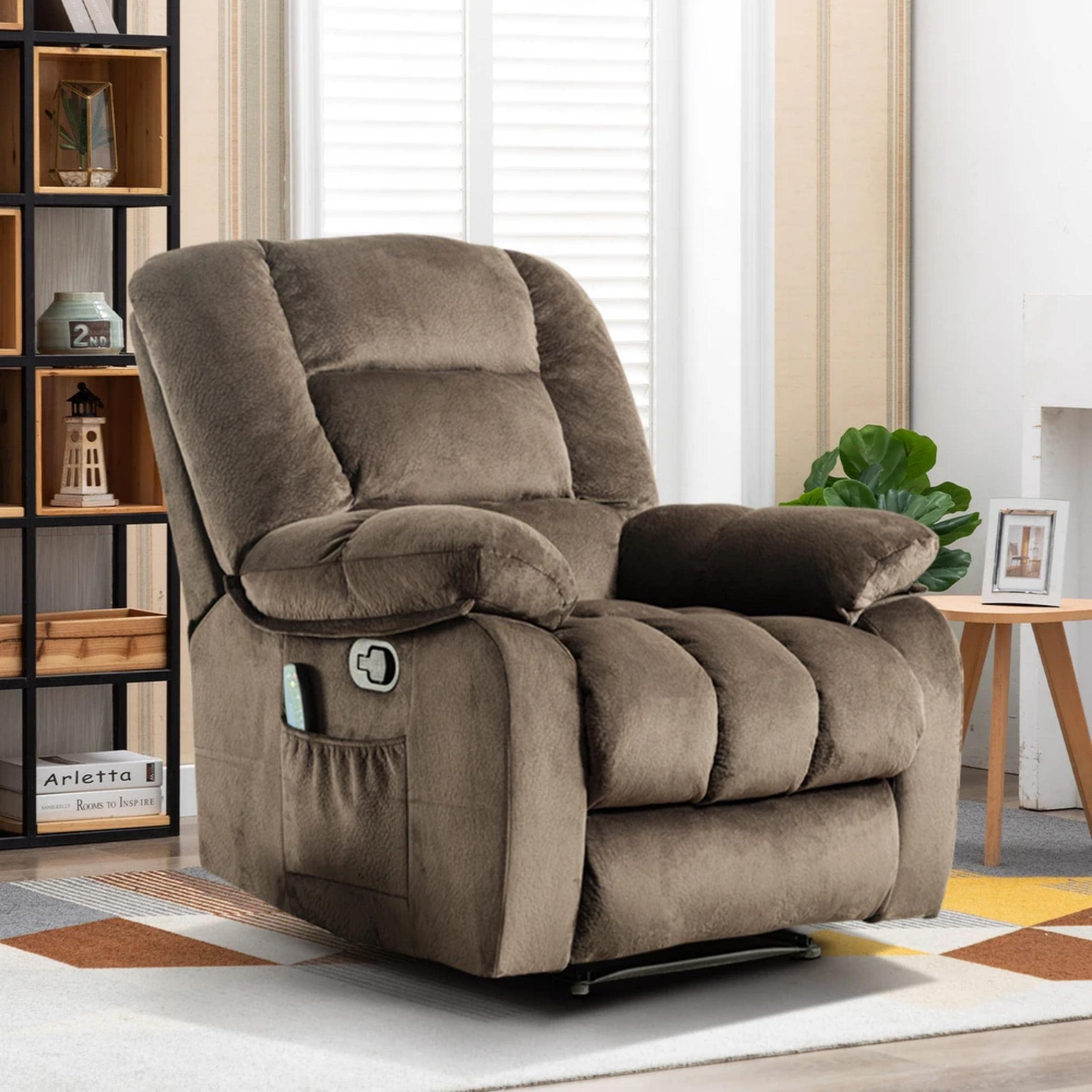 Bestier Overstuffed Fabric Recliner Chairs with 8-Point Vibration Massage Manual Pull Recliner with Time Setting Brown