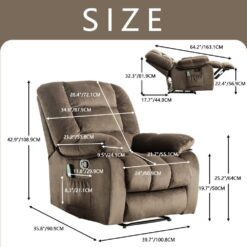 Bestier Overstuffed Fabric Recliner Chairs with 8-Point Vibration Massage Manual Pull Recliner with Time Setting Brown