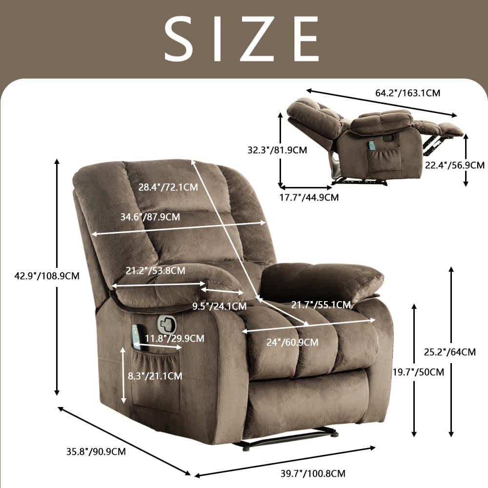 Bestier Overstuffed Fabric Recliner Chairs with 8-Point Vibration Massage Manual Pull Recliner with Time Setting Brown