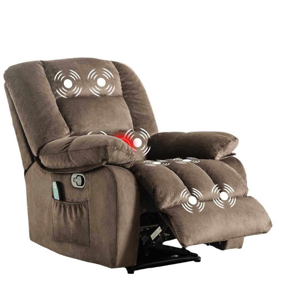 Bestier Overstuffed Fabric Recliner Chairs with 8-Point Vibration Massage Manual Pull Recliner with Time Setting Brown