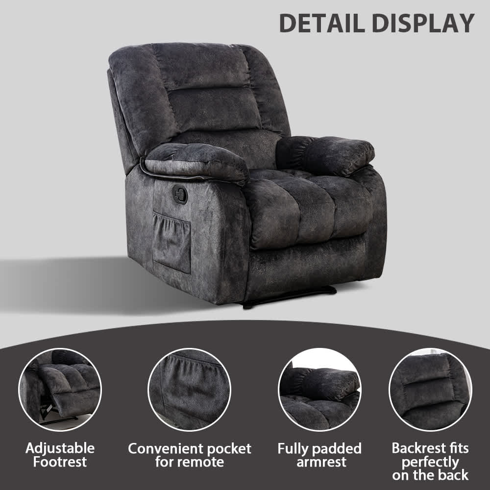Bestier Overstuffed Fabric Recliner Chairs with 8-Point Vibration Massage Manual Pull Recliner with Time Setting Dark Grey