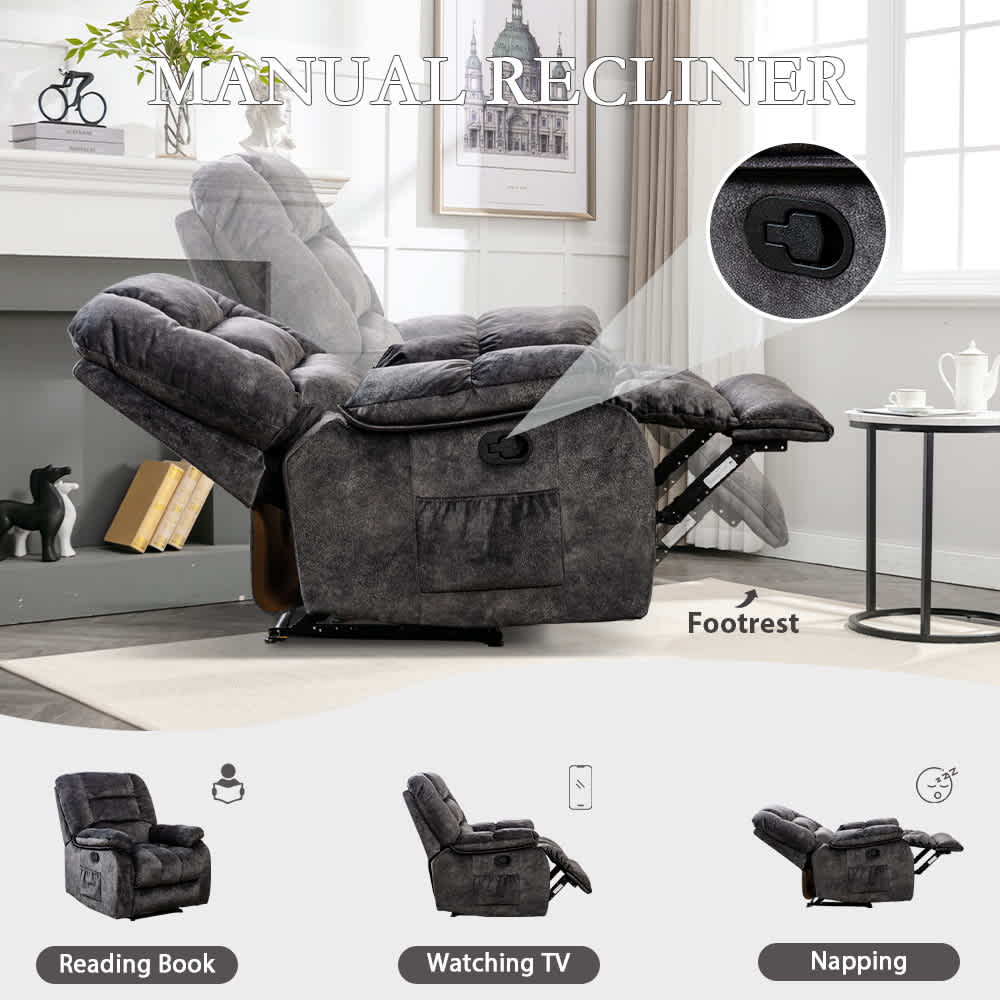 Bestier Overstuffed Fabric Recliner Chairs with 8-Point Vibration Massage Manual Pull Recliner with Time Setting Dark Grey