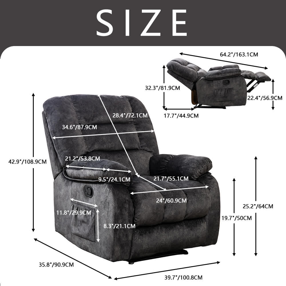 Bestier Overstuffed Fabric Recliner Chairs with 8-Point Vibration Massage Manual Pull Recliner with Time Setting Dark Grey