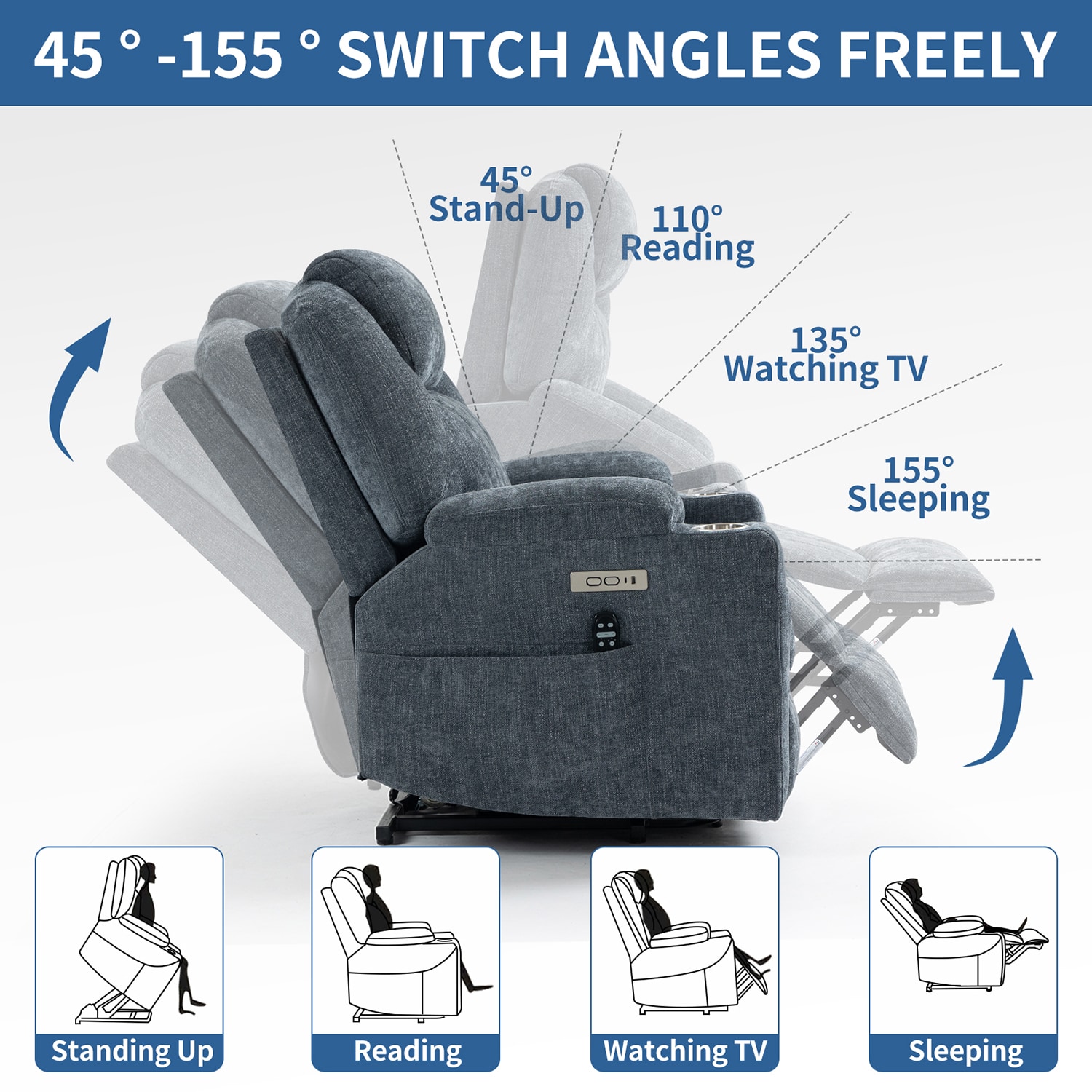 GZMR 8-Point Vibration Massage Power Lift Recliner Chair Blue-Gray Polyester Upholstered Powered Reclining Recliner with Lift Assistance