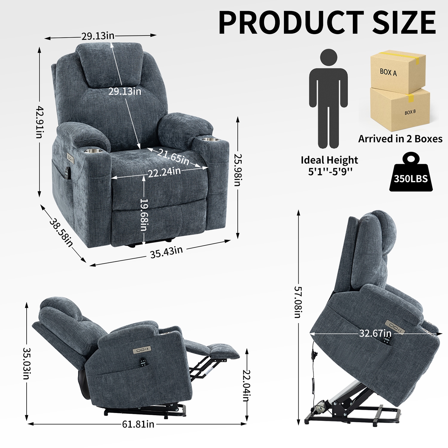 GZMR 8-Point Vibration Massage Power Lift Recliner Chair Blue-Gray Polyester Upholstered Powered Reclining Recliner with Lift Assistance