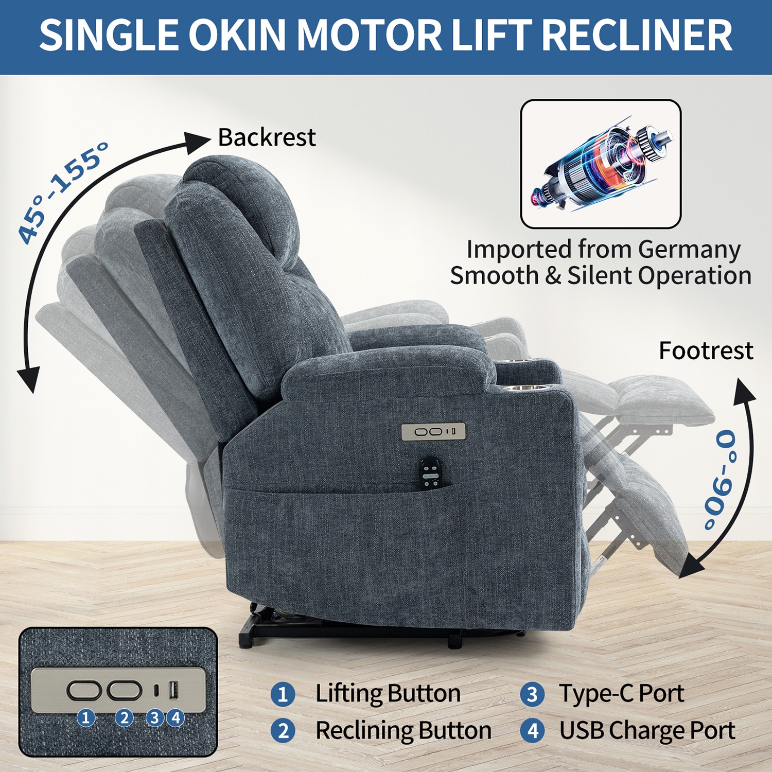 GZMR 8-Point Vibration Massage Power Lift Recliner Chair Blue-Gray Polyester Upholstered Powered Reclining Recliner with Lift Assistance
