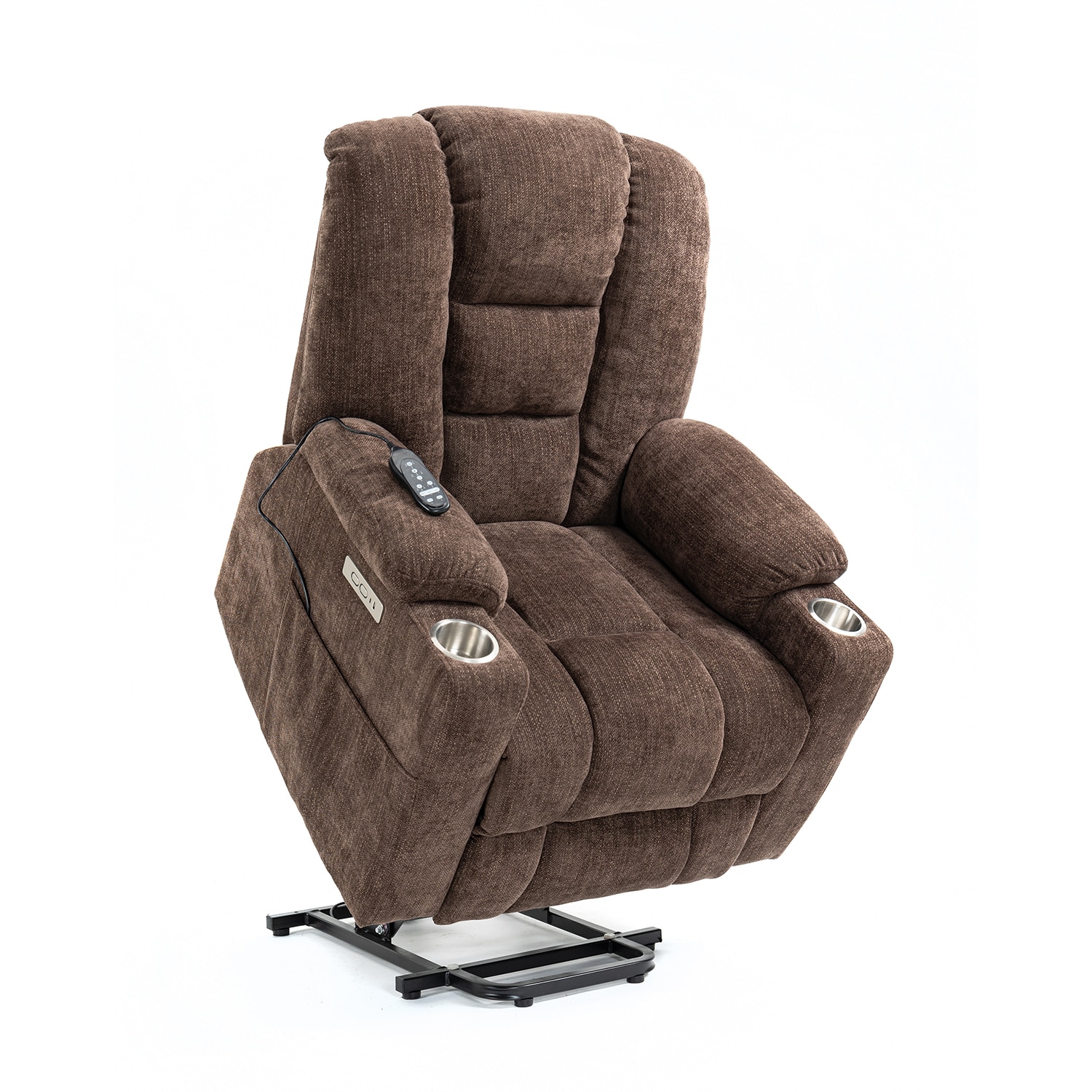 GZMR Large Power Lift Recliner with Massage and Heat Brown Chenille Upholstered Powered Reclining Recliner with Lift Assistance