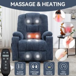 GZMR Large Power Lift Recliner with Massage and Heat Blue Chenille Upholstered Powered Reclining Recliner with Lift Assistance