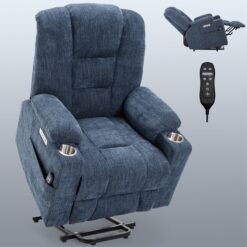 GZMR Large Power Lift Recliner with Massage and Heat Blue Chenille Upholstered Powered Reclining Recliner with Lift Assistance