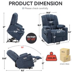 GZMR Large Power Lift Recliner with Massage and Heat Blue Chenille Upholstered Powered Reclining Recliner with Lift Assistance