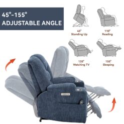 GZMR Large Power Lift Recliner with Massage and Heat Blue Chenille Upholstered Powered Reclining Recliner with Lift Assistance
