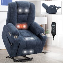 Mondawe Blue Chenille Upholstered Tufted Powered Reclining Massage chair with Lift Assistance