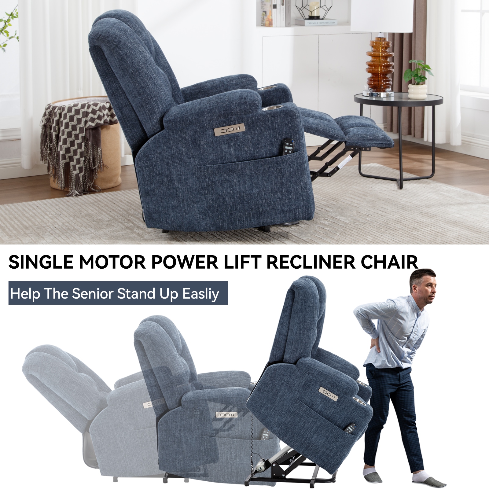 Mondawe Blue Chenille Upholstered Tufted Powered Reclining Massage chair with Lift Assistance