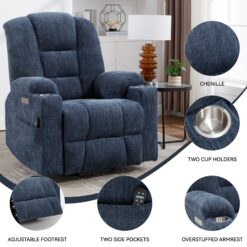 Mondawe Blue Chenille Upholstered Tufted Powered Reclining Massage chair with Lift Assistance