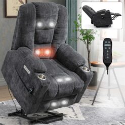 Mondawe Gray Chenille Upholstered Tufted Powered Reclining Massage chair with Lift Assistance