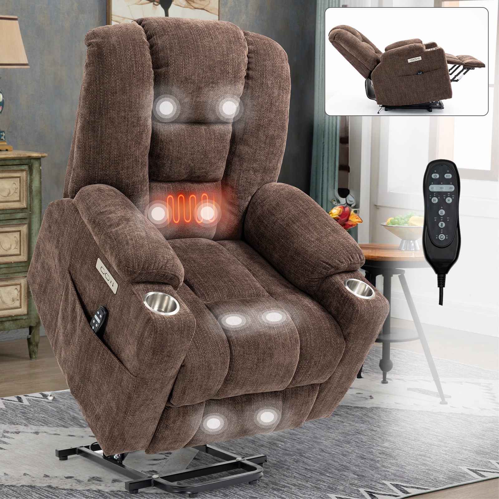 Mondawe Brown Chenille Upholstered Tufted Powered Reclining Massage chair with Lift Assistance