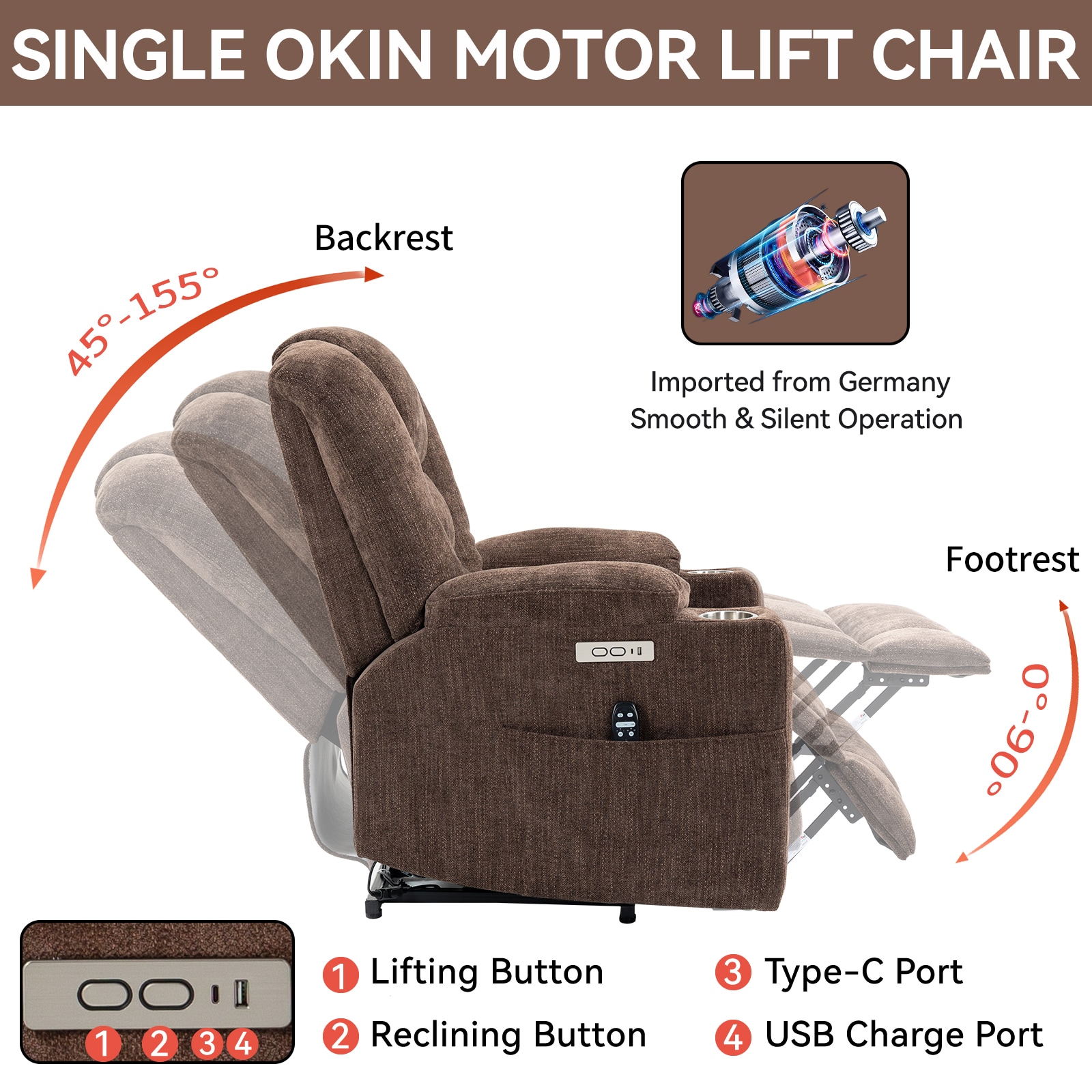 Mondawe Brown Chenille Upholstered Tufted Powered Reclining Massage chair with Lift Assistance