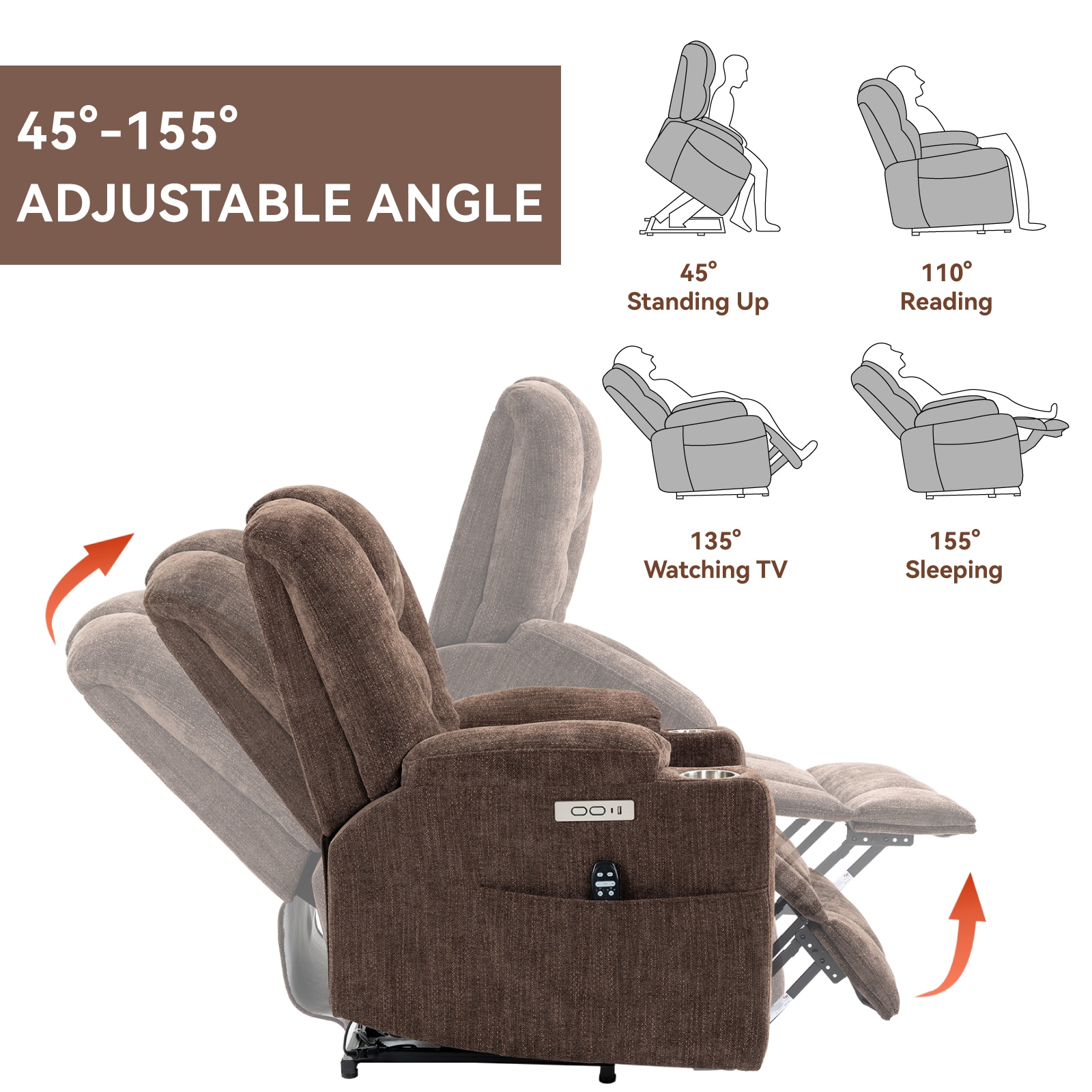 Mondawe Brown Chenille Upholstered Tufted Powered Reclining Massage chair with Lift Assistance