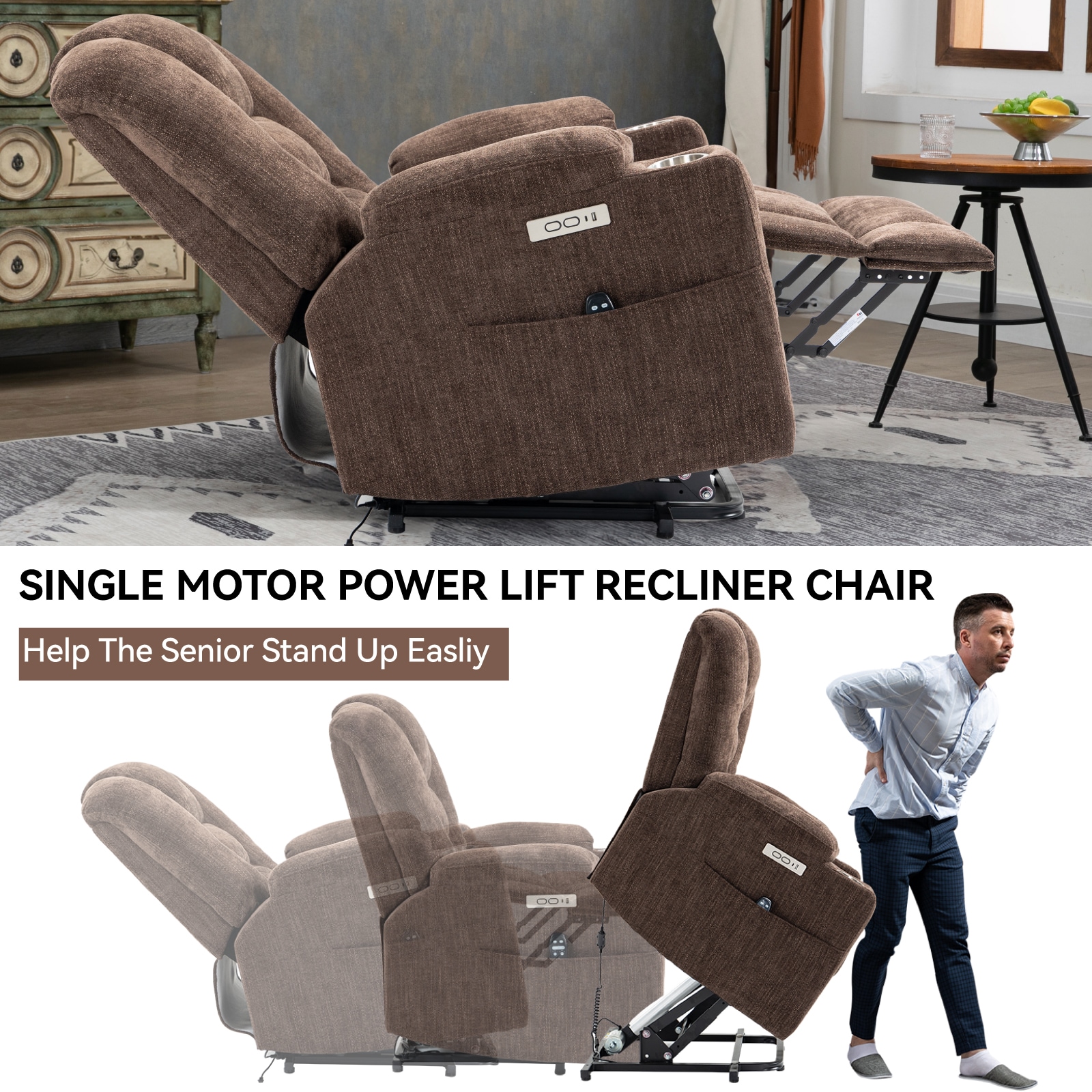 Mondawe Brown Chenille Upholstered Tufted Powered Reclining Massage chair with Lift Assistance