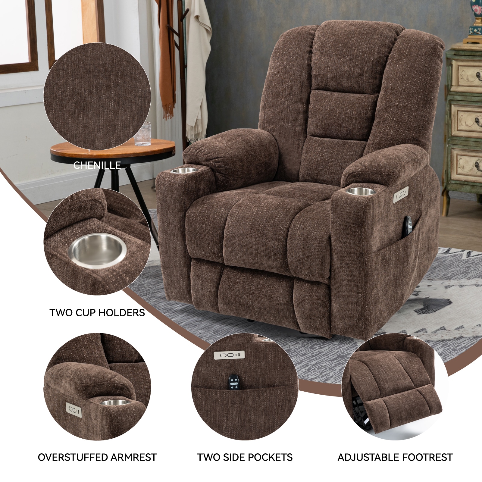 Mondawe Brown Chenille Upholstered Tufted Powered Reclining Massage chair with Lift Assistance