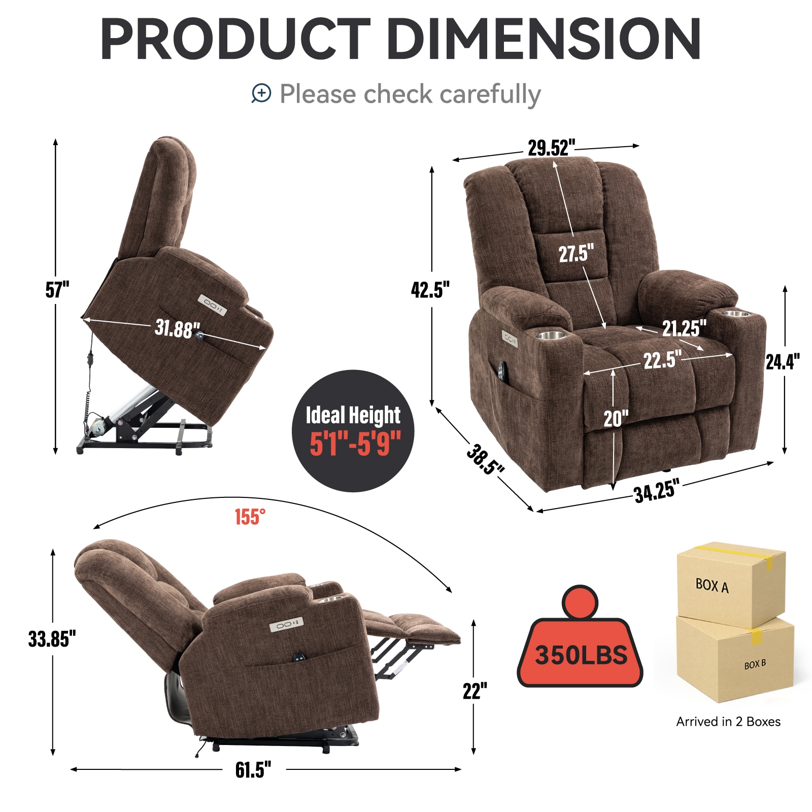Mondawe Brown Chenille Upholstered Tufted Powered Reclining Massage chair with Lift Assistance