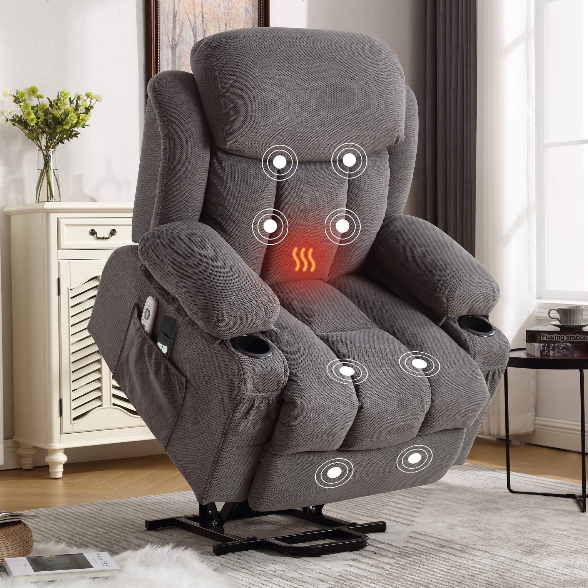 Sumyeg Power Lift Recliner Chair Grey Velvet Upholstered Powered Reclining Massage chair with Lift Assistance