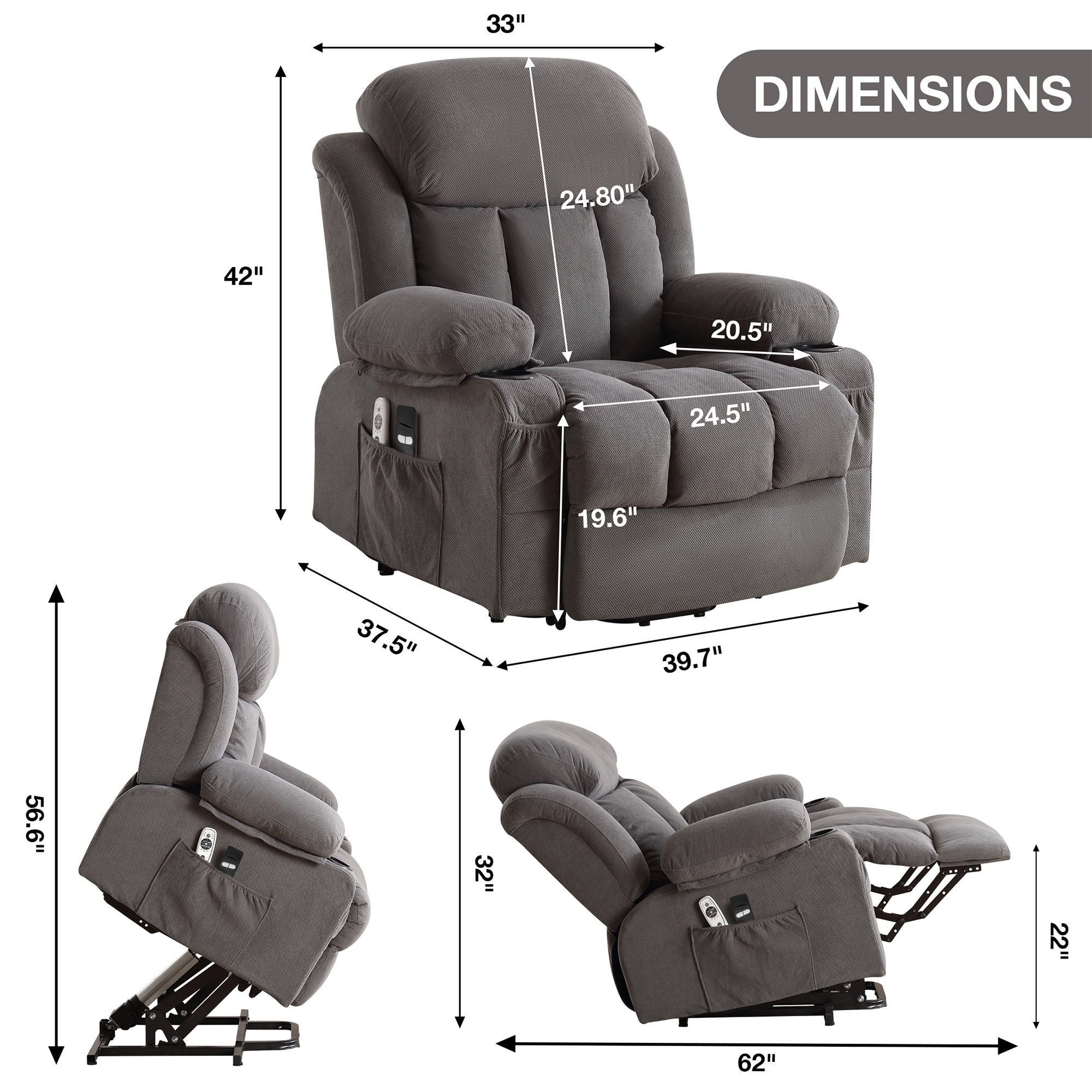 Sumyeg Power Lift Recliner Chair Grey Velvet Upholstered Powered Reclining Massage chair with Lift Assistance
