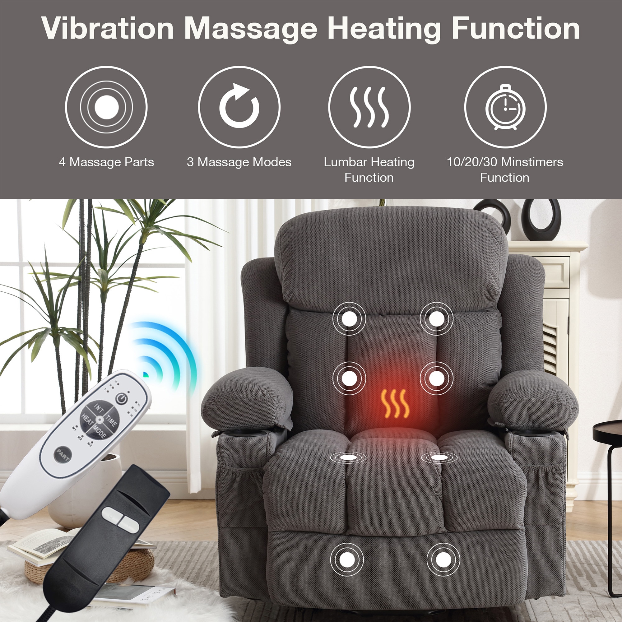 Sumyeg Power Lift Recliner Chair Grey Velvet Upholstered Powered Reclining Massage chair with Lift Assistance