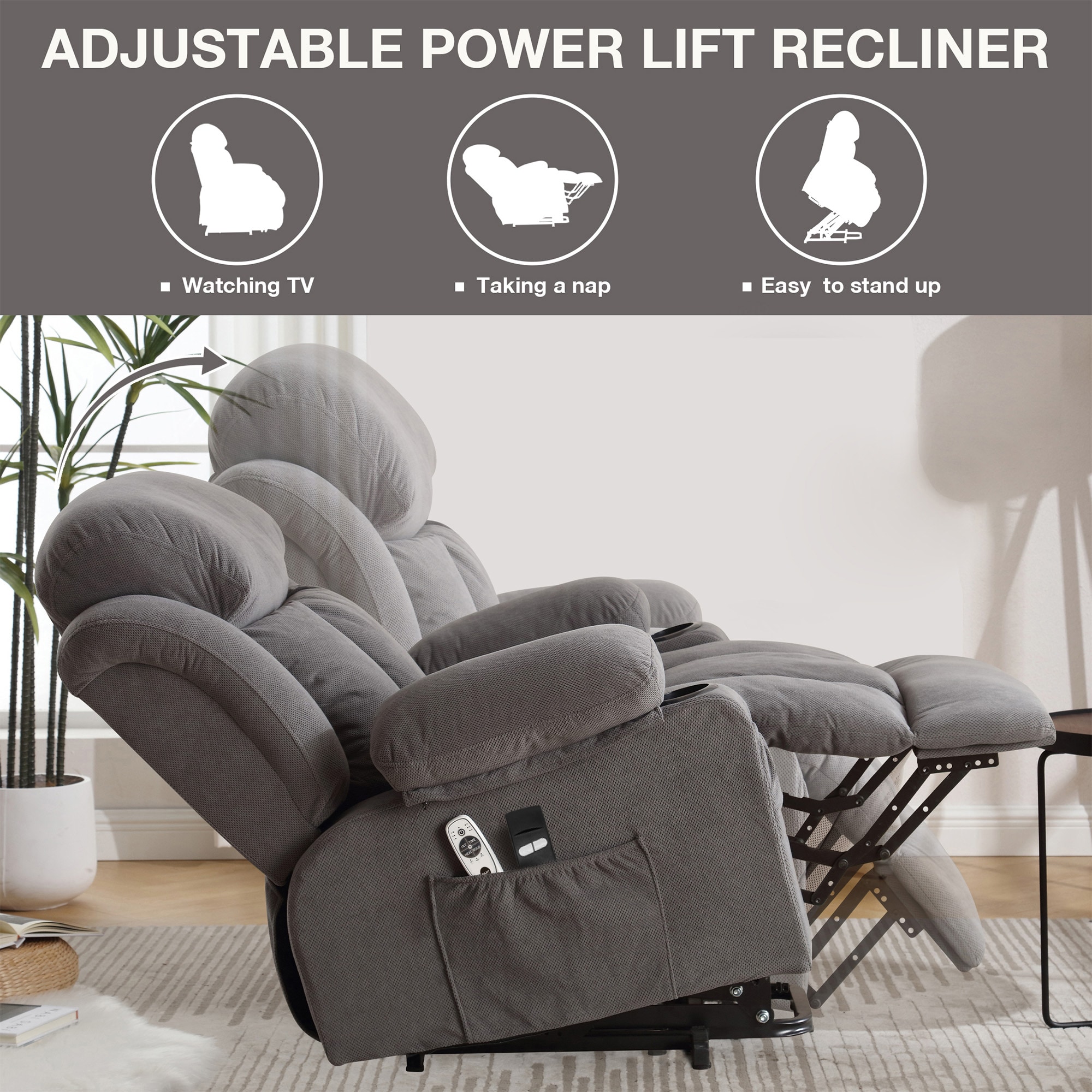 Sumyeg Power Lift Recliner Chair Grey Velvet Upholstered Powered Reclining Massage chair with Lift Assistance