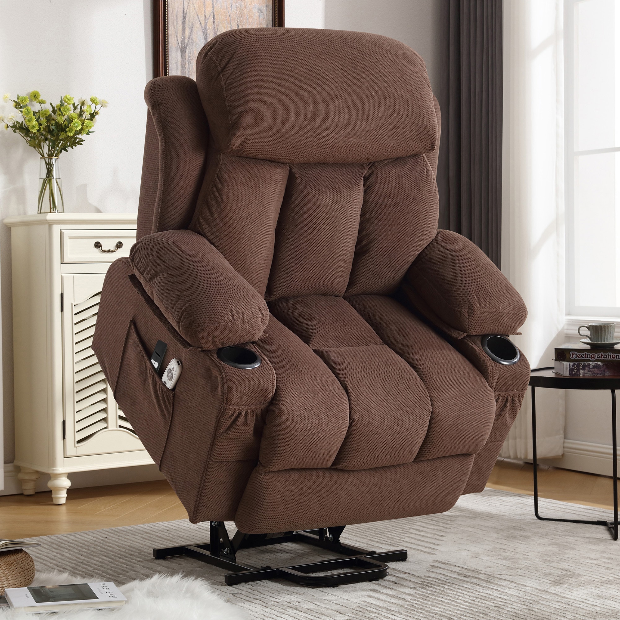 Sumyeg Power Lift Recliner Chair Brown Velvet Upholstered Powered Reclining Massage chair with Lift Assistance