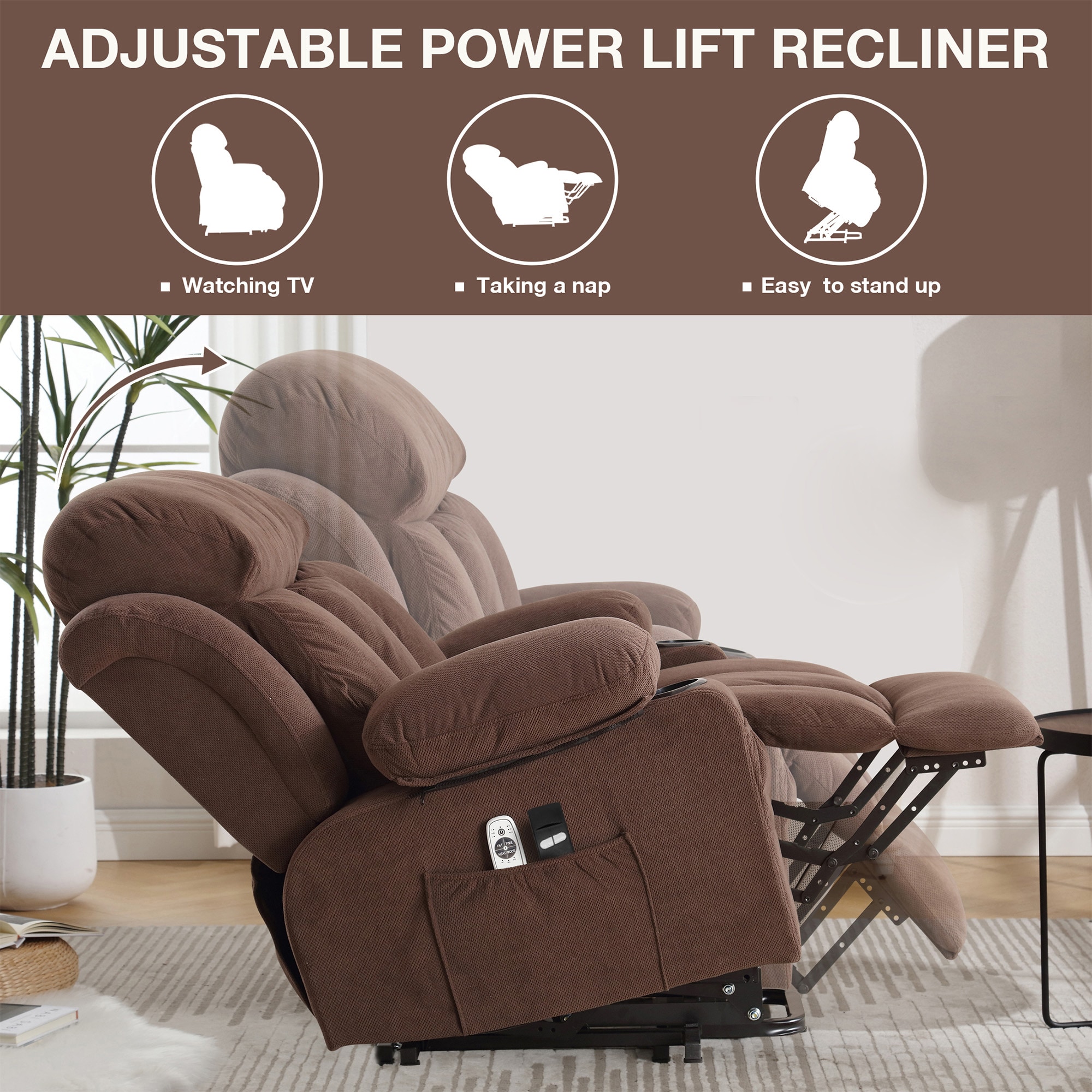 Sumyeg Power Lift Recliner Chair Brown Velvet Upholstered Powered Reclining Massage chair with Lift Assistance