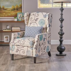 ModernLuxe Pushback Recliner Chair Modern Fabric Wingback Armchair with Nailhead Trim and Wood Legs Classic Living Room Recliner for Bedroom