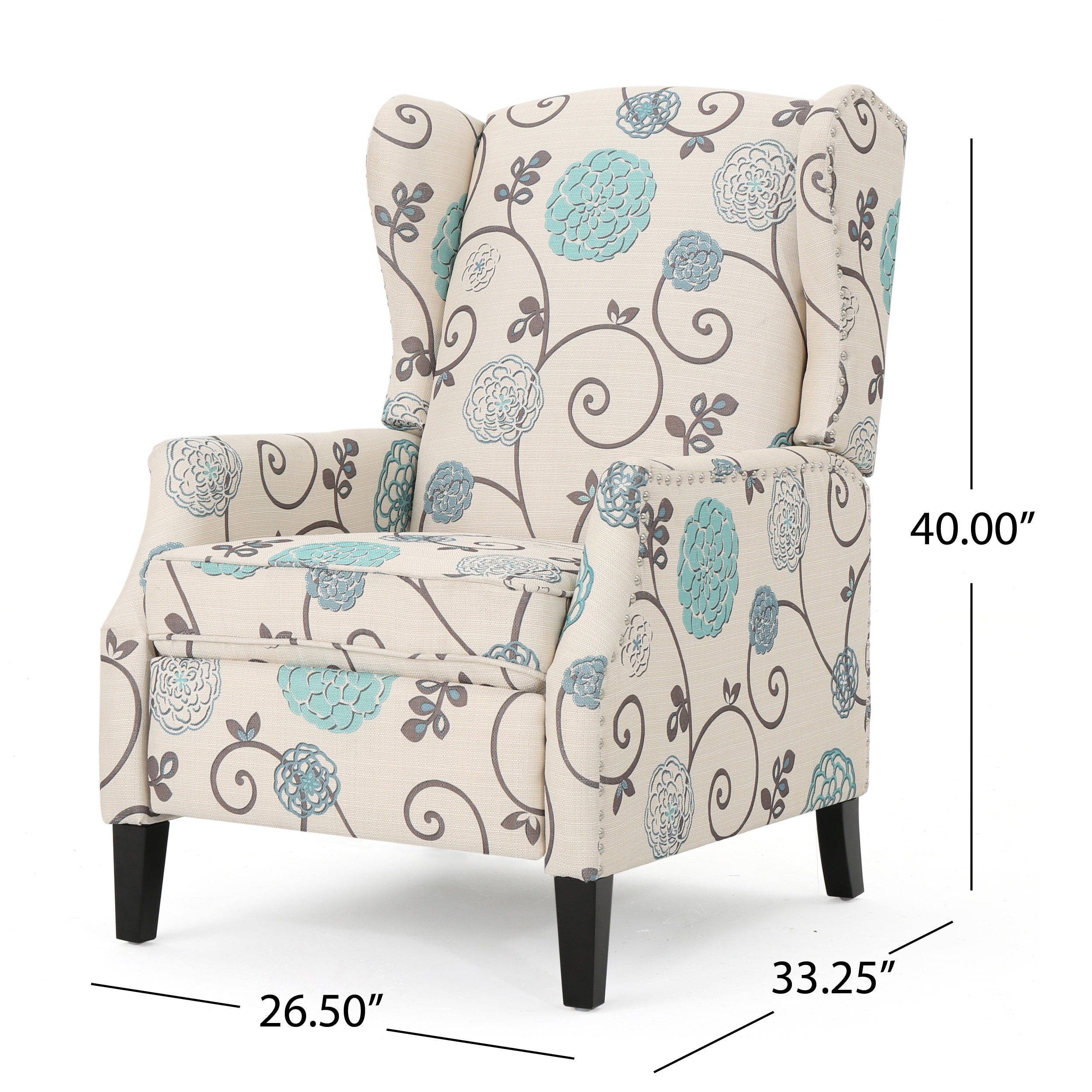 ModernLuxe Pushback Recliner Chair Modern Fabric Wingback Armchair with Nailhead Trim and Wood Legs Classic Living Room Recliner for Bedroom