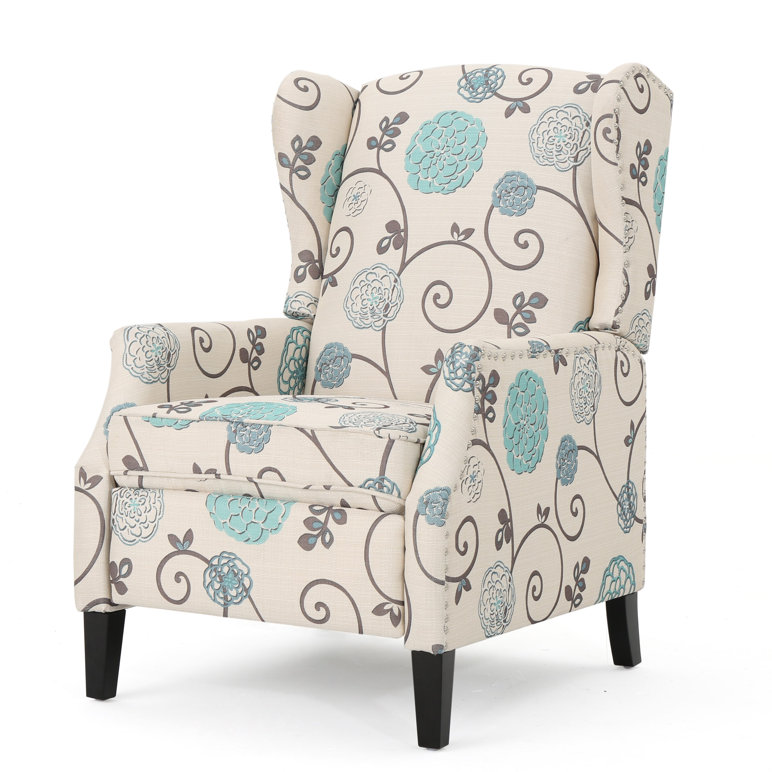 ModernLuxe Pushback Recliner Chair Modern Fabric Wingback Armchair with Nailhead Trim and Wood Legs Classic Living Room Recliner for Bedroom