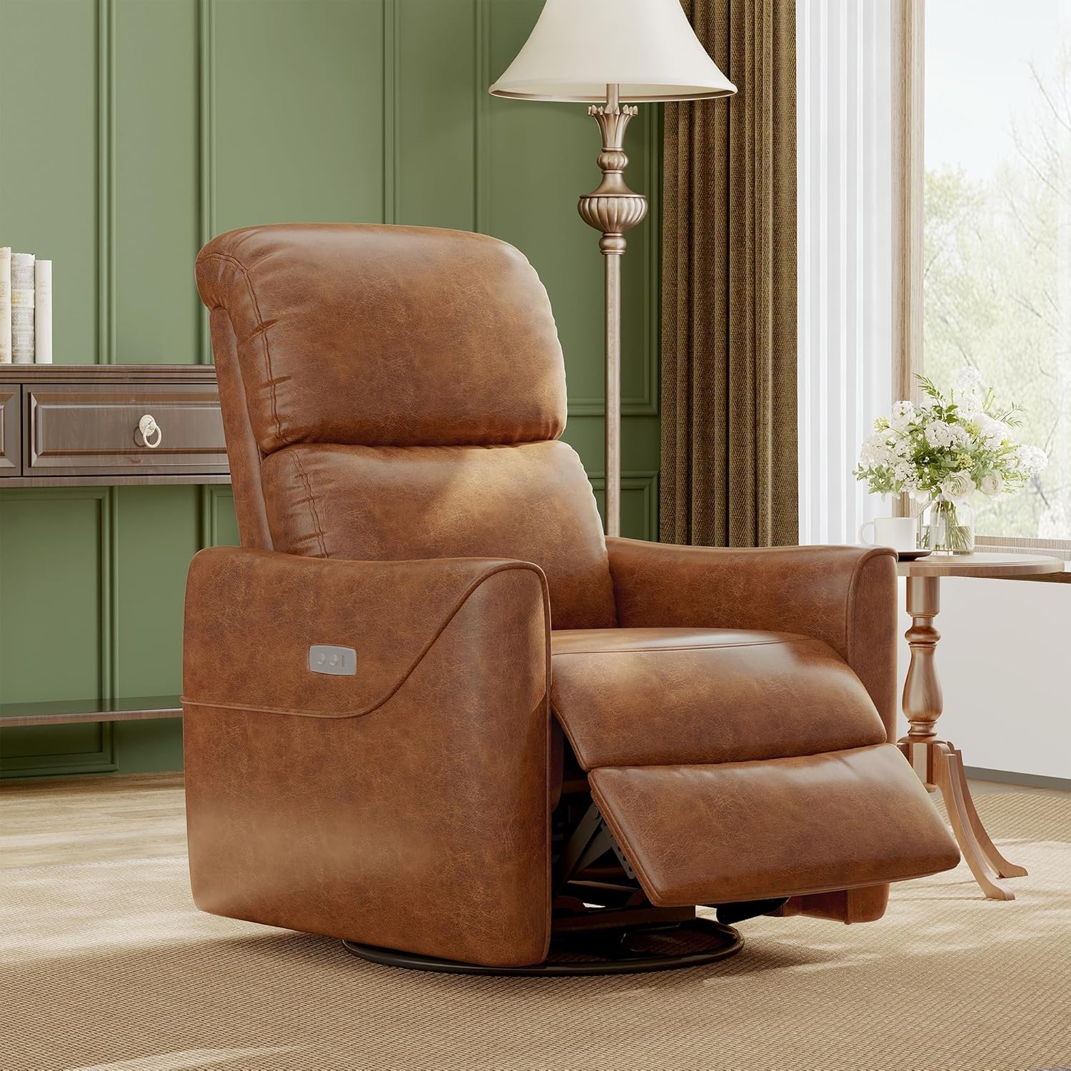 Qeetex PU Leather Power Swivel Glider Recliner Chair Nursery Electric Rocker Recliner Chair, Modern Brown