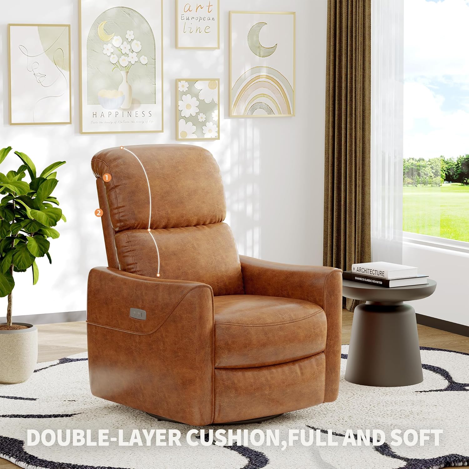 Qeetex PU Leather Power Swivel Glider Recliner Chair Nursery Electric Rocker Recliner Chair, Modern Brown