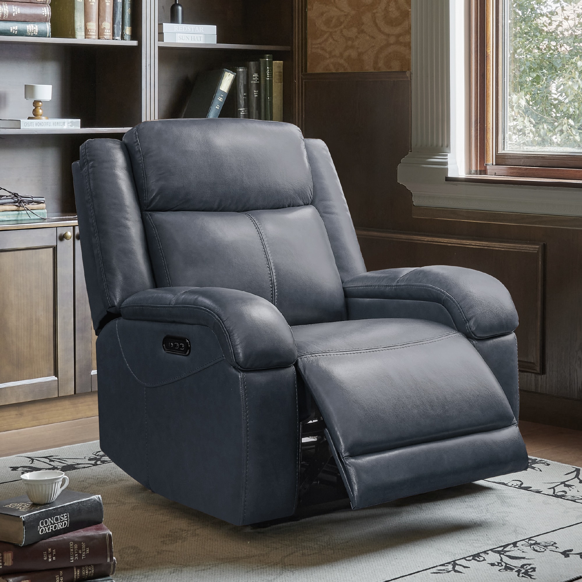 Circle 55 Navy Leather Upholstered Powered Reclining Recliner